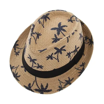 Unisex Summer Casual Coconut Tree Printed Straw Sun Hat 58cm