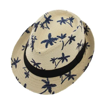 Unisex Summer Casual Coconut Tree Printed Straw Sun Hat 58cm