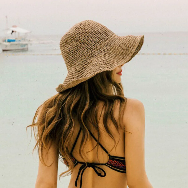 Womens Summer Casual Beach Wide Brim Straw Sun Hat Panama Bucket Hat