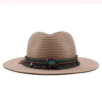 Unisex Summer Bohemia Beaded Decoration Beach Jazz Sun Hat Straw Casual Solid