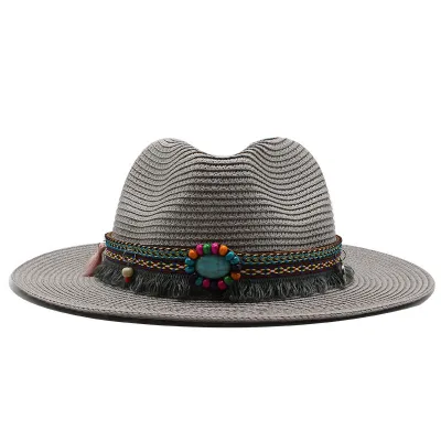 Unisex Summer Bohemia Beaded Decoration Beach Jazz Sun Hat Straw Casual Solid