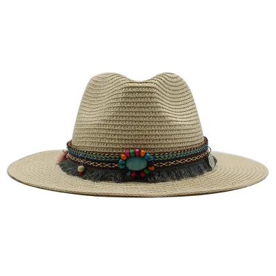 Unisex Summer Bohemia Beaded Decoration Beach Jazz Sun Hat Straw Casual Solid