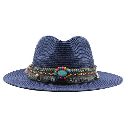 Unisex Summer Bohemia Beaded Decoration Beach Jazz Sun Hat Straw Casual Solid