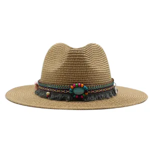 Unisex Summer Bohemia Beaded Decoration Beach Jazz Sun Hat Straw Casual Solid