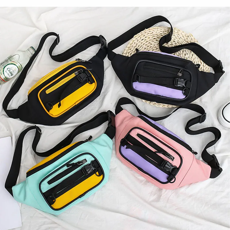Women Fashion Trend Multi Pocket Color Blocking Canvas Chest Bag