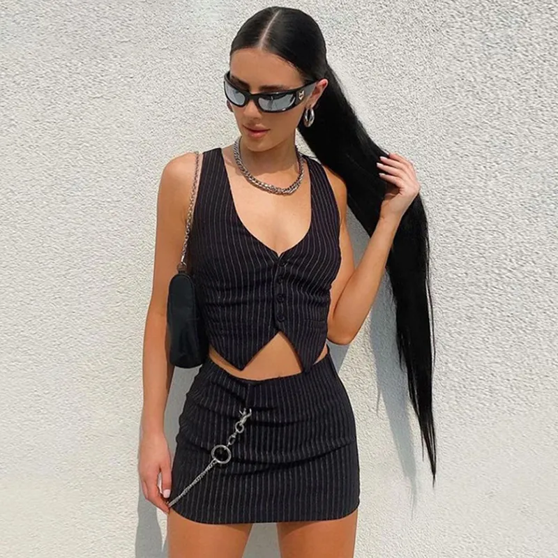 Women Edgy Office Elegant Stripe Print Irregular V Neck Crop Tank Top And Mini Skirt Set