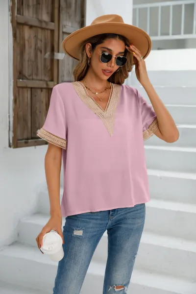 Women Elegant Color Block Patchwork V Neck Blouse Short Sleeves