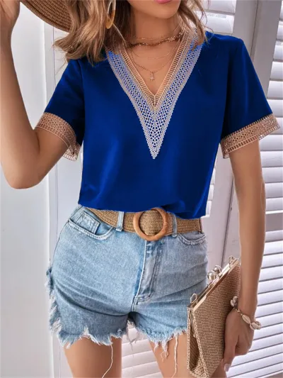 Women Elegant Color Block Patchwork V Neck Blouse Short Sleeves