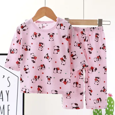 Kids Cute Cartoon Pattern Round Neck Long Sleeve Breathable Top And Elastic Pants Pajama Set