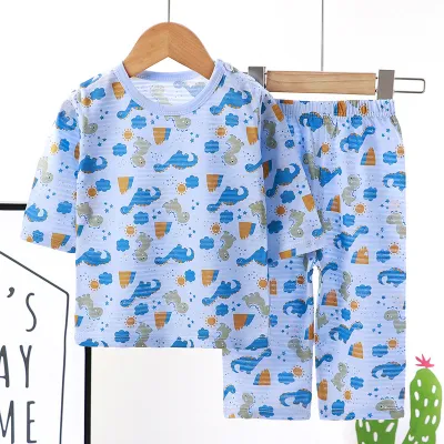 Kids Cute Cartoon Pattern Round Neck Long Sleeve Breathable Top And Elastic Pants Pajama Set