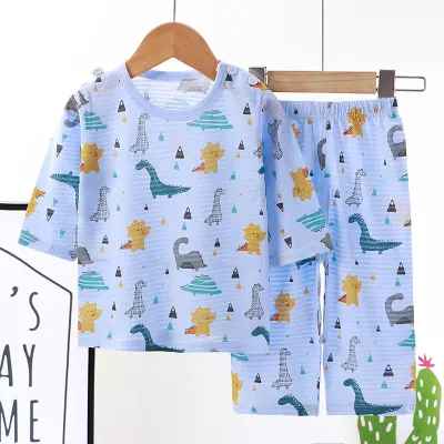 Kids Cute Cartoon Pattern Round Neck Long Sleeve Breathable Top And Elastic Pants Pajama Set