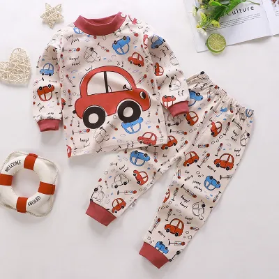 Kids Cute Cartoon Pattern Round Neck Long Sleeve Top and Elastic Pants Pajama Set