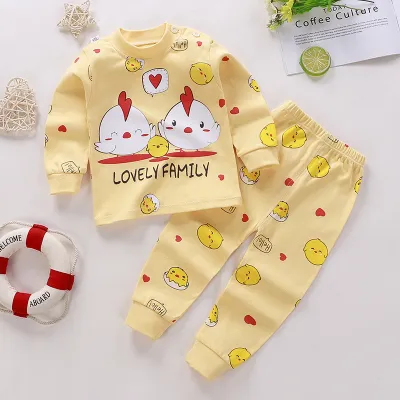 Kids Cute Cartoon Pattern Round Neck Long Sleeve Top and Elastic Pants Pajama Set