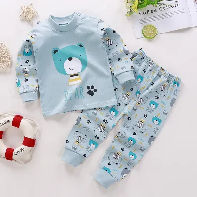 Kids Cute Cartoon Pattern Round Neck Long Sleeve Top and Elastic Pants Pajama Set