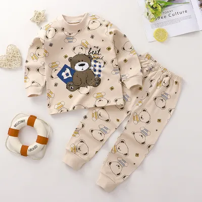 Kids Cute Cartoon Pattern Round Neck Long Sleeve Top and Elastic Pants Pajama Set