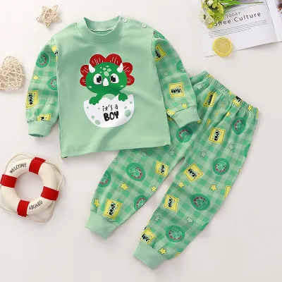 Kids Cute Cartoon Pattern Round Neck Long Sleeve Top and Elastic Pants Pajama Set