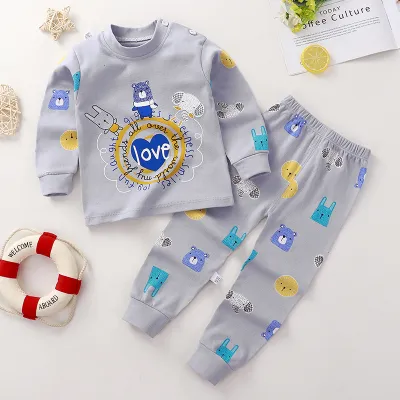 Kids Cute Cartoon Pattern Round Neck Long Sleeve Top and Elastic Pants Pajama Set
