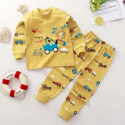 Kids Cute Cartoon Pattern Round Neck Long Sleeve Top and Elastic Pants Pajama Set