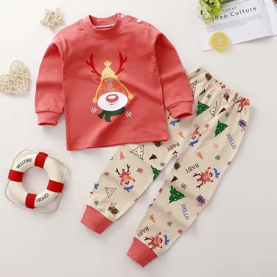Kids Cute Cartoon Pattern Round Neck Long Sleeve Top and Elastic Pants Pajama Set
