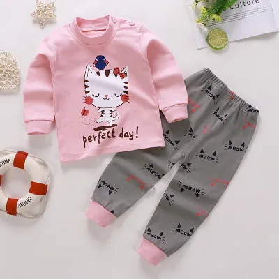 Kids Cute Cartoon Pattern Round Neck Long Sleeve Top and Elastic Pants Pajama Set