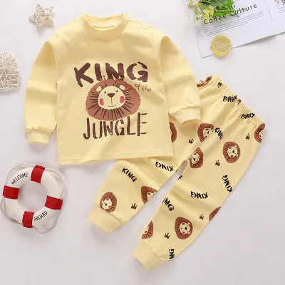 Kids Cute Cartoon Pattern Round Neck Long Sleeve Top and Elastic Pants Pajama Set