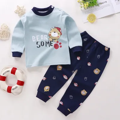 Kids Cute Cartoon Pattern Round Neck Long Sleeve Top and Elastic Pants Pajama Set