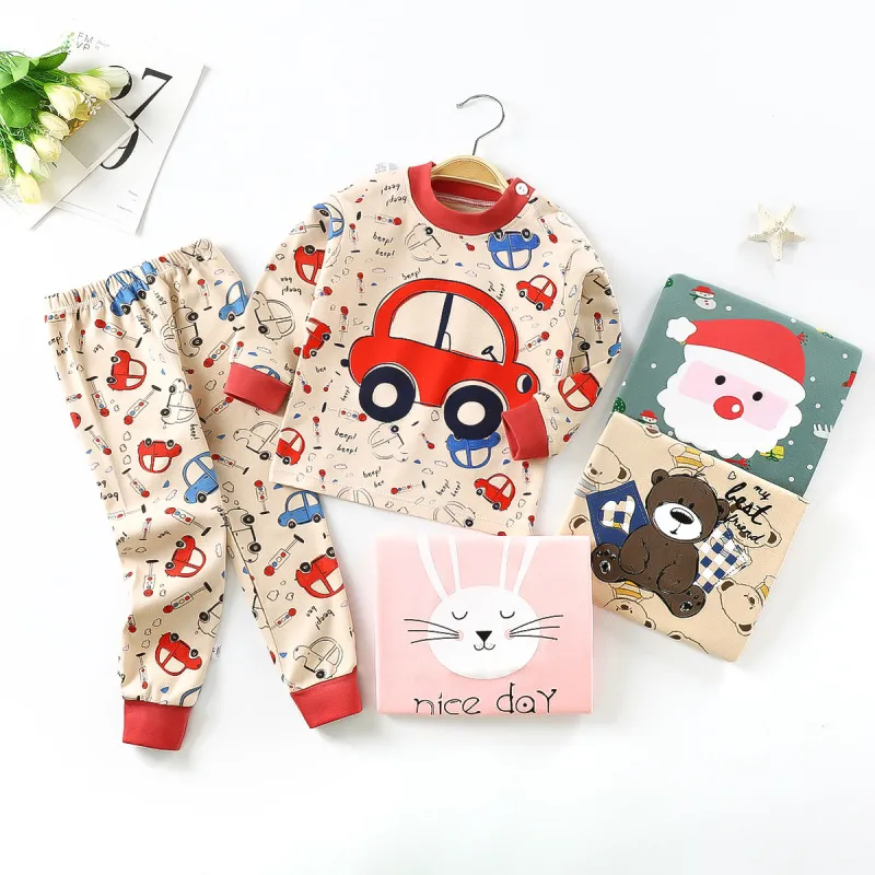 Kids Cute Cartoon Pattern Round Neck Long Sleeve Top and Elastic Pants Pajama Set