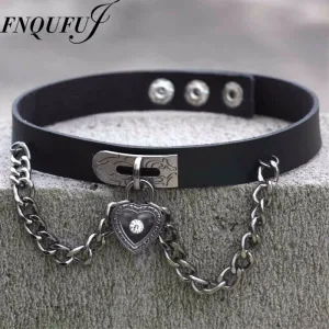 Women Gothic Heart Shaped Chain PU Leather Choker Necklace