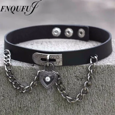 Women Gothic Heart Shaped Chain PU Leather Choker Necklace
