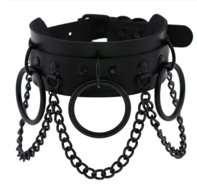 Women Gothic Punk Chain Decoration Solid Color PU Choker Necklace