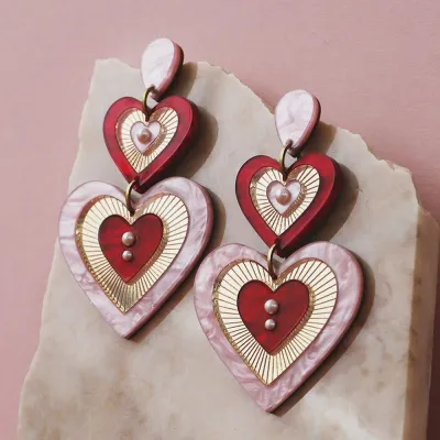 Women Sweet Heart Shaped Acrylic Long Drop Earrings