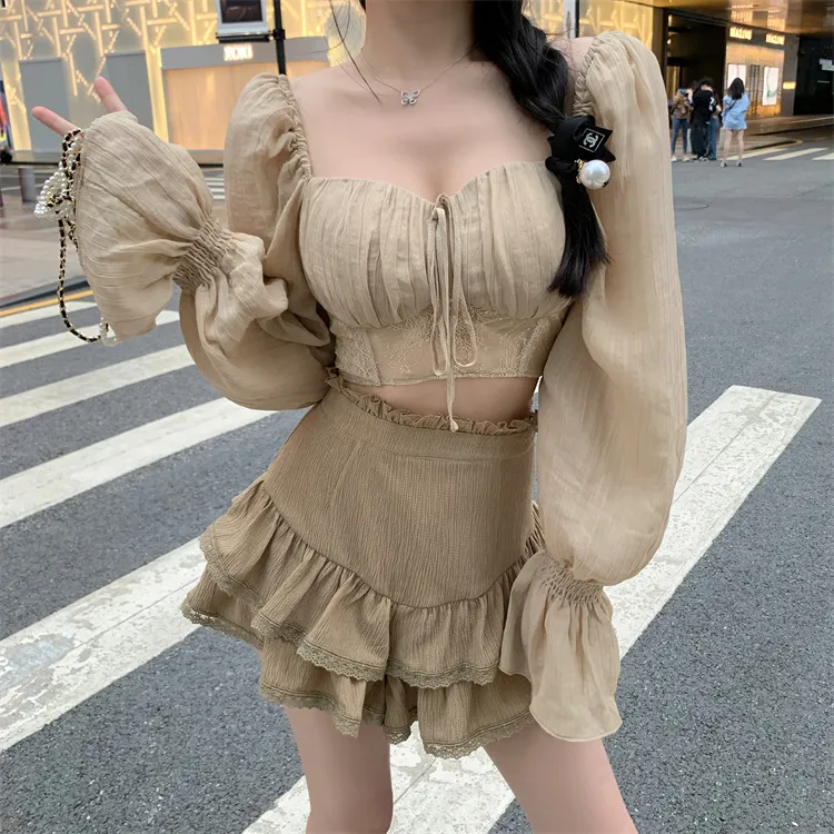 Women Vintage Chic Long Puff Sleeves Solid Color Crop Blouse