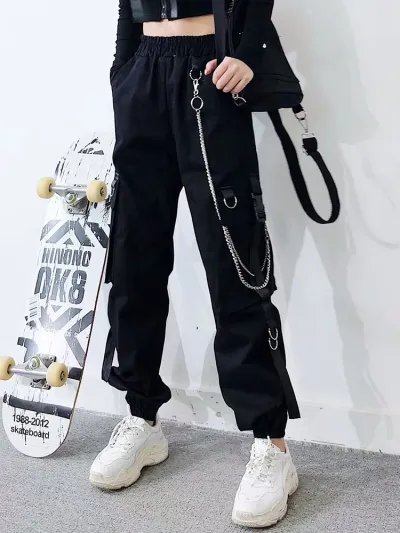 Women Casual Hip-hop Straight Loose Cargo Jogger Pants With Chain
