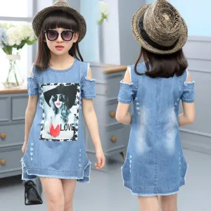 Kids Girls Casual Round Neck Cool Shoulder Portrait Print Denim Dress