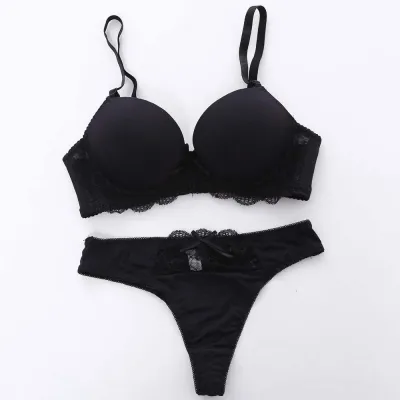 Women Basic Solid Color Lace Patchwork Bra And Panty Set