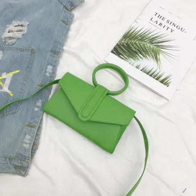 Women Fashion Flap Buckle Hoop Decorative Solid Color PU Handle Crossbody Bag