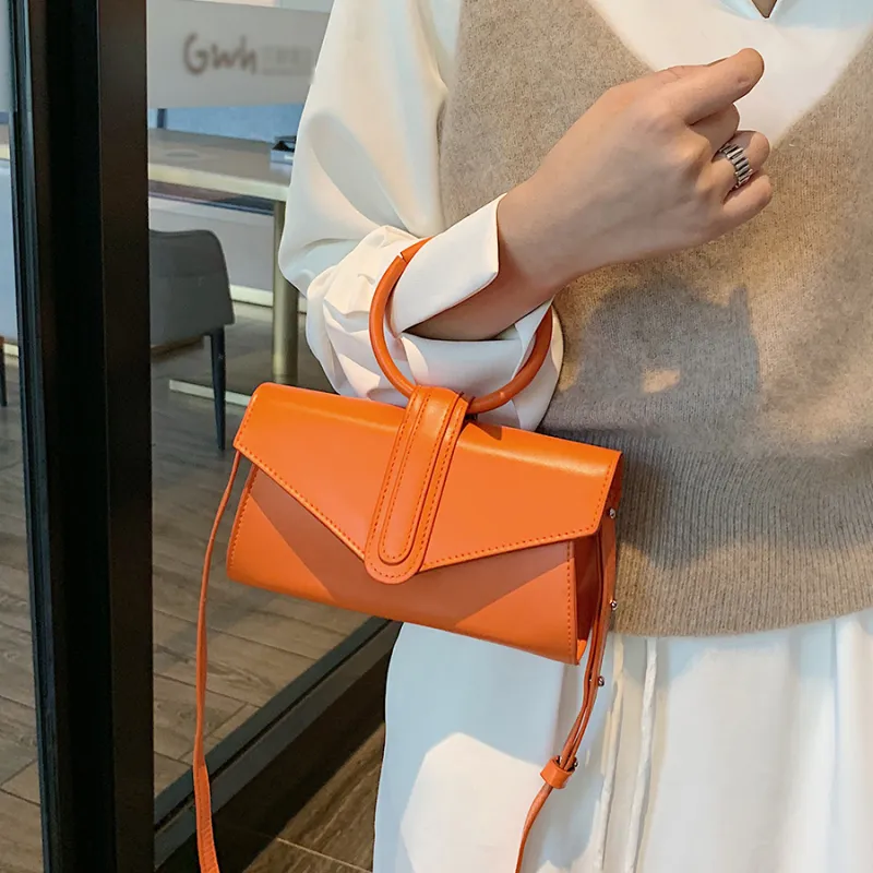 Women Fashion Flap Buckle Hoop Decorative Solid Color PU Handle Crossbody Bag
