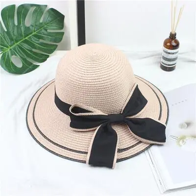 Women Summer Classic Bow Decoration Beach Wide Brim Straw Sun Hat