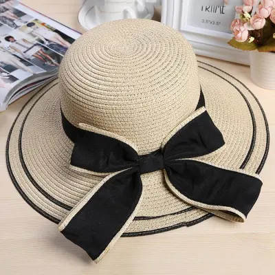Women Summer Classic Bow Decoration Beach Wide Brim Straw Sun Hat