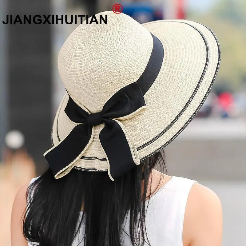 Women Summer Classic Bow Decoration Beach Wide Brim Straw Sun Hat
