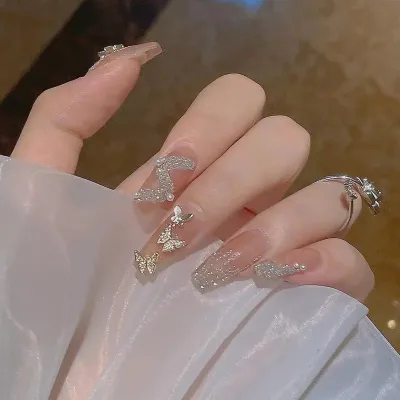 Long And Wide Ballet Armor Butterfly Shiny Pearl False Nails