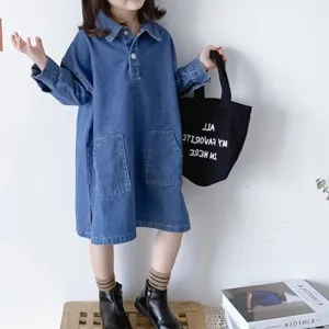 Kids Baby Girls Casual Solid Color Lapel Slit Loose Denim Dress Spring Autumn