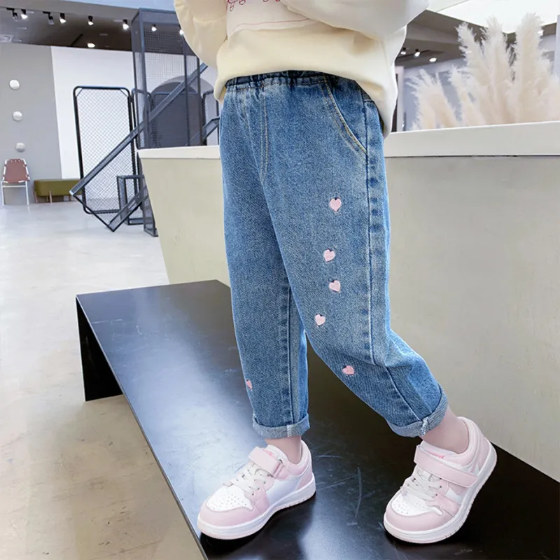 Kids Girls Cartoon Heart Embroidery Casual Denim Pants Elastic Waist