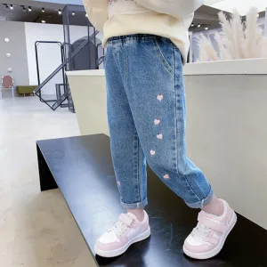 Kids Girls Cartoon Heart Embroidery Casual Denim Pants Elastic Waist
