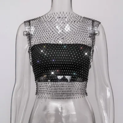 Summer Women Sexy Sleeveless Hollow Out See-through Rhinestone Crop Top