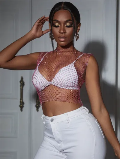 Summer Women Sexy Sleeveless Hollow Out See-through Rhinestone Crop Top
