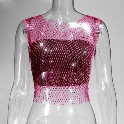 Summer Women Sexy Sleeveless Hollow Out See-through Rhinestone Crop Top