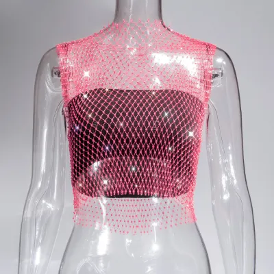 Summer Women Sexy Sleeveless Hollow Out See-through Rhinestone Crop Top