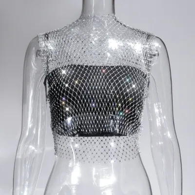 Summer Women Sexy Sleeveless Hollow Out See-through Rhinestone Crop Top