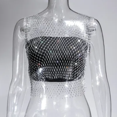 Summer Women Sexy Sleeveless Hollow Out See-through Rhinestone Crop Top